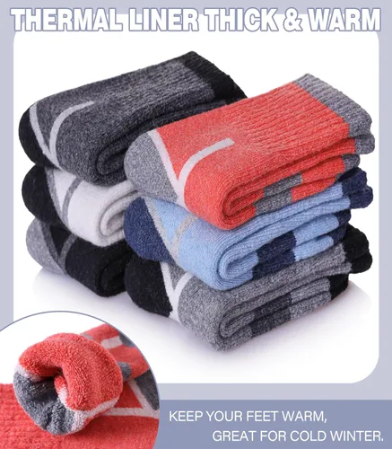 Vista 4 de Calcetines de senderismo de lana merino para niños y niñas, para invierno, cálidos, gruesos, térmicos, calcetines de regalo, 6 pares