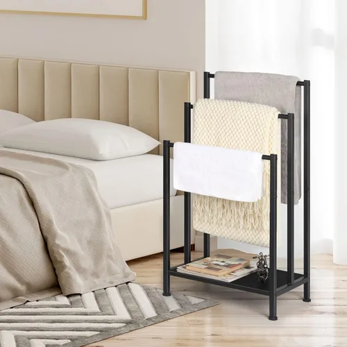 Vista 6 de Toallero independiente, toallero de metal de 3 niveles, soporte para manta para dormitorio, soporte de toalla de baño negro, soporte para toallas