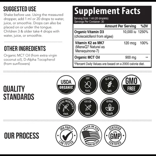 Vista 7 de Vitamina D3 K2 orgánica de plantas 10000 iu - MK7 All-Trans de MenaQ7 (120 mcg K2) - Gotas sublinguales D3 10,000 iu (colecalciferol) 100% orgánicas
