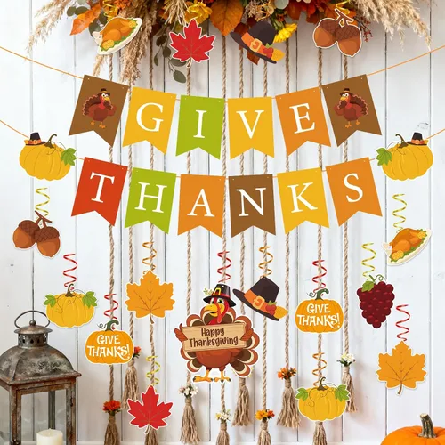 Vista 4 de Decoraciones de Acción de Gracias, pancarta de agradecimiento y hojas de arce de calabaza, decoración de remolinos colgantes, decoraciones de fiesta