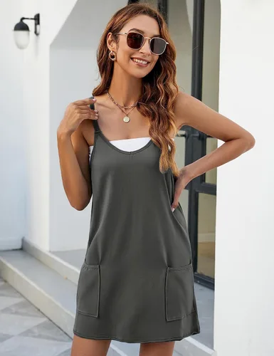 Vista 4 de LTSCNRM Vestido de tenis para mujer, mini vestido de entrenamiento, pantalones cortos incorporados, sin mangas, tirantes delgados, vestidos