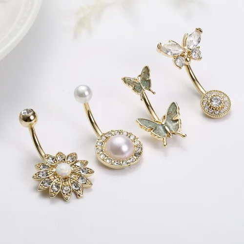 Vista 6 de Dochais 8 piercings para ombligo de acero quirúrgico para mujer, de acero inoxidable, ópalo, perla brillante, circonita cúbica, joyería de piercing