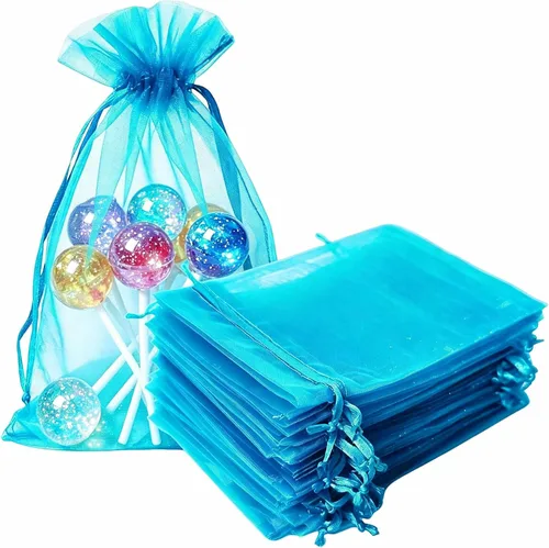 Vista 23 de Bolsas de regalo de organza de 4 x 6 pulgadas con cordón para joyas, dulces, paquetes de 50 bolsas de té de tela transparente azul aguamarina