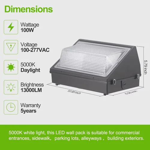 Vista 3 de Paquete de pared LED de 100 W, del anochecer al amanecer, 13000 lúmenes, 5000 K, iluminación de seguridad comercial de luz diurna, equivalente a