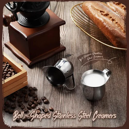 Vista 4 de Potchen Paquete de 6 cremas de campana de acero inoxidable de 3 onzas, mini jarras de leche para café con mango y tazas de boquilla para servir