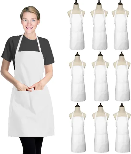 Vista 8 de Paquete de 9 delantales negros para mujeres, adultos, niñas y mujeres con bolsillos, delantales de cocina a granel para cocinar, pintar, barbacoa