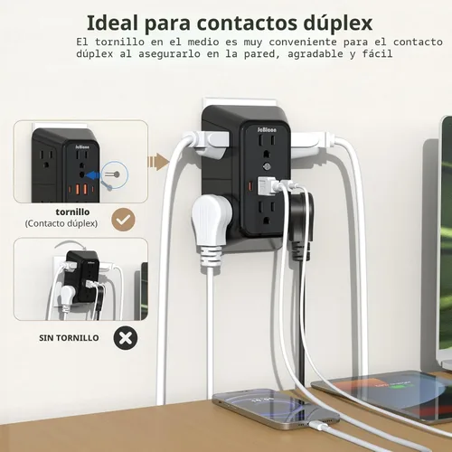 Vista 3 de JcBlaon Extensor de Enchufe Protector de Sobretensiones - Divisor de 6 Salidas con 4 Puertos USB (2 USB C), Expansor de Enchufes Múltiples Cargador