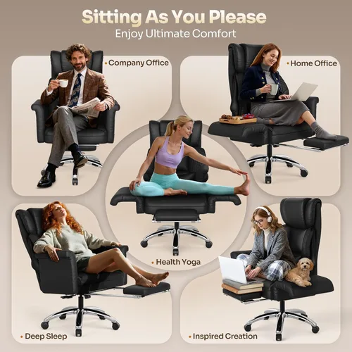 Vista 4 de Silla de oficina ergonómica con reposapiés, silla de escritorio con patas cruzadas con brazos abatibles, asiento de resorte más ancho y grueso