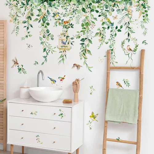 Vista 5 de Supzone Calcomanías de pared colgantes de hojas de vid – 45 x 28 pulgadas, hojas de eucalipto verdes, flores, pájaros, calcomanías de pared