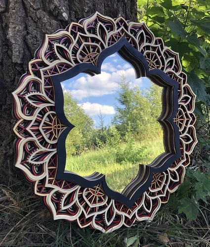 Vista 5 de BHDecor Espejo para decoración de pared para el hogar, marco tallado con láser de varias capas, elegante mandala de madera para colgar, paneles