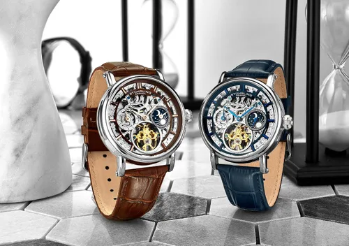 Vista 3 de Stuhrling Original Reloj automático para hombre, caja plateada, bisel plateado, correa de cuero genuino en relieve de cocodrilo