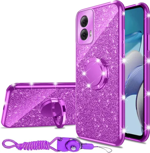 Vista 23 de nancheng Funda para Motorola Moto G Play 2024 (6.5 pulgadas) para niñas y mujeres, bonita funda de teléfono de TPU suave con purpurina y anillo