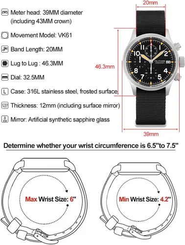 Vista 6 de Militado - Reloj cronógrafo militar de 1.535 in, reloj piloto de cristal de zafiro, VK61, reloj de pulsera luminoso de cuarzo para hombre, 328.1 ft