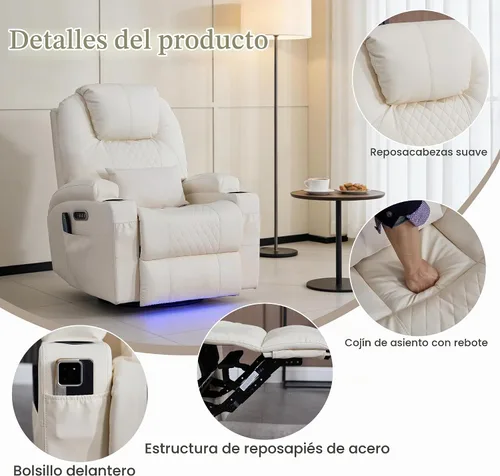 Vista 9 de AHMED Silla reclinable giratoria de doble motor, piel sintética, color Beige