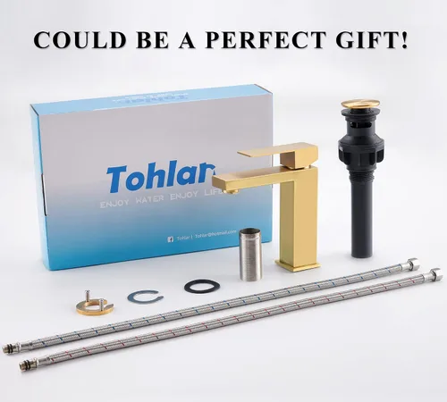 Vista 6 de Tohlar Grifo de baño dorado, grifo dorado cepillado para fregadero de baño, grifo de baño dorado de un solo agujero, moderno grifo de lavabo