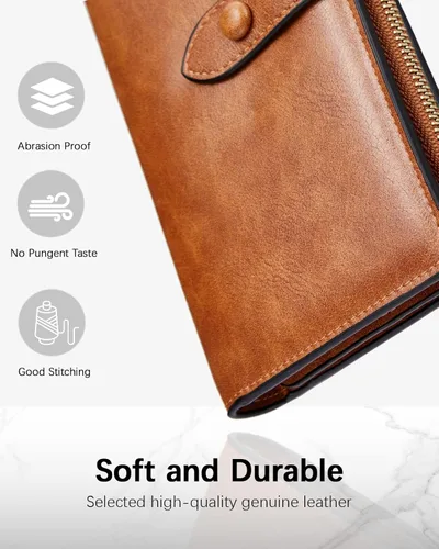 Vista 2 de BOSTANTEN - Cartera de piel auténtica para mujer con bolsillo con cremallera