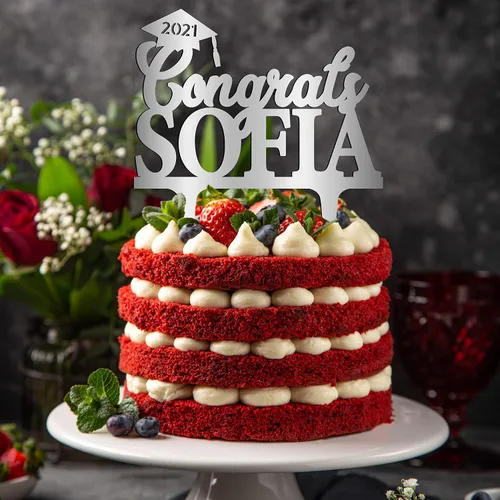 Vista 3 de Decoración personalizada para tartas de graduación – Felicidades graduadas con nombre y fecha – Decoraciones acrílicas personalizadas para tartas