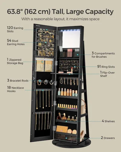 Vista 4 de SONGMICS Armario de joyería de espejo con cerradura de 6 LED, organizador de joyas giratorio de 360, Armario de joyería de pie, espejo de cuerpo