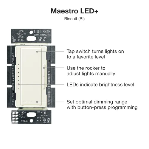 Vista 10 de Lutron - Interruptor de atenuación Maestro LED+ para bombillas LED regulables, halógenas e incandescentes, 150 W/unifolar o multiubicación, Biscuit