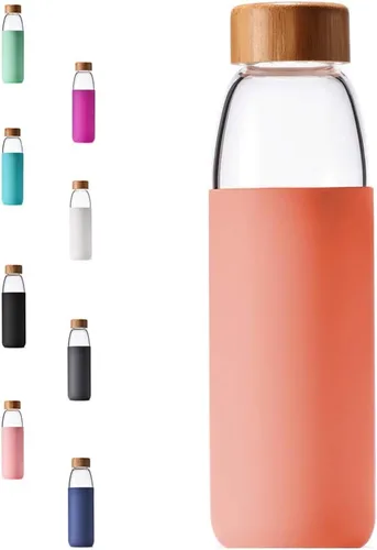 Vista 14 de Botellas de agua de vidrio de borosilicato de 18 onzas con tapa de bambú, sin BPA, funda de silicona antideslizante y tapa a prueba de fugas de Negro