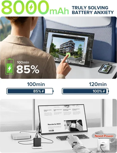 Vista 7 de Monitor portátil con pantalla táctil con batería de 8000 mAh, 15.6 pulgadas, 125% sRGB ultra delgado de 10 puntos, monitor de pantalla táctil USB-C