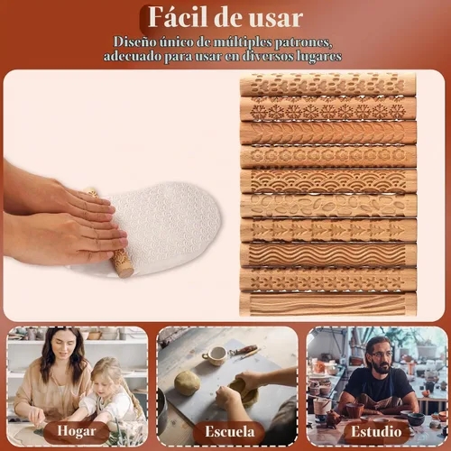 Vista 4 de Lzttyee Juego de 10 herramientas de cerámica con mango de madera, rodillos de patrones de modelado de arcilla, color marrón (juego de 10)