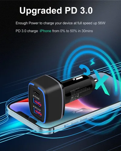 Vista 9 de Cargador de coche de 56W PD USB C, bloque de carga súper rápido de 3