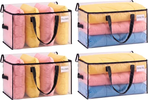Vista 13 de VENO Paquete de 4 bolsas de mudanza resistentes, bolsas de almacenamiento de ropa y edredón con ventana transparente, suministros de embalaje