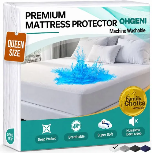 Vista 27 de OhGeni - Protector de colchón impermeable, tamaño Queen, con bolsillo profundo de 6 a 18 pulgadas, transpirable, sin ruido, suave, lavable, a prueba