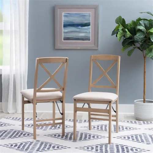 Vista 2 de MAKLAINE Juego de dos sillas plegables X-Back, asiento acolchado en madera blanqueada