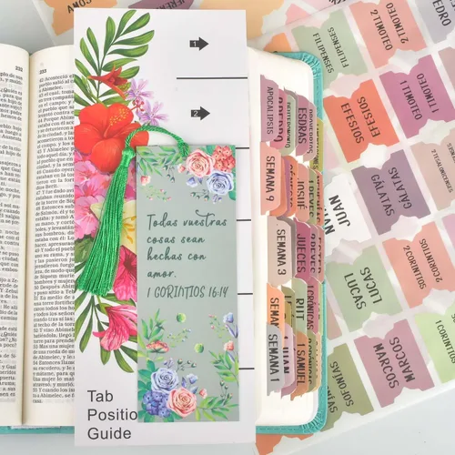 Vista 12 de Pestañas de índice de la Biblia católica española, pestañas del Nuevo y Antiguo Testamento, diseño floral laminado mate, suministros de diario