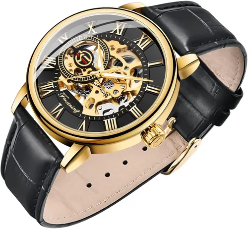 Vista 13 de Reloj de Esqueleto para Hombre Clásico con Números Romanos Steampunk Reloj Mecánico de Cuerda Manual Relojes para Hombre (Azul)
