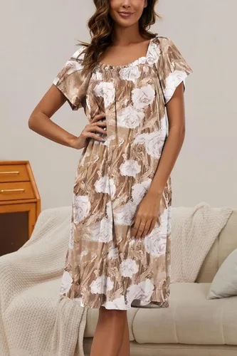 Vista 4 de YOZLY Camisón de satén elástico para mujer, cuello cuadrado, manga corta, ropa de dormir