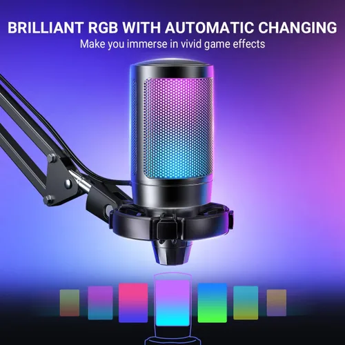 Vista 5 de FIFINE Gaming PC USB Microphone, Podcast Condenser Mic with Boom Arm, Pop Filter, Mute Button for Streaming, Twitch, Online Chat, RGB Computer Mic