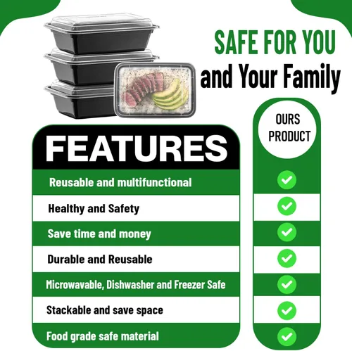 Vista 3 de Recipientes de alimentos con tapas, cajas Bento, recipientes de almacenamiento de alimentos (24 onzas, negro, 50 unidades, plástico)