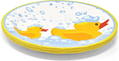 Vista 3 de Gift Boutique 96 piezas de suministros de fiesta de patos de goma, platos de papel, servilleta para patos amarillos, pato, baño de burbujas, pijama