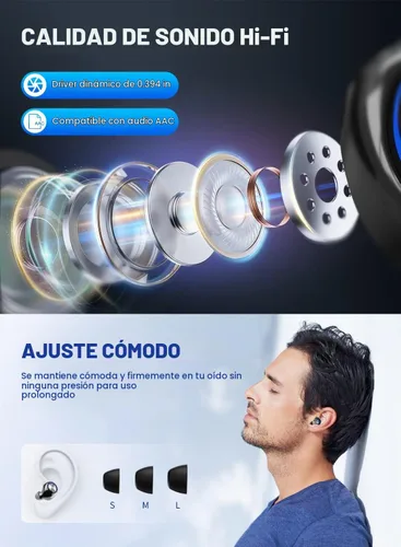 Vista 3 de Auriculares Bluetooth inalámbricos de reproducción de 200 horas, IPX7 impermeables, con cancelación de ruido, pantalla LED de alimentación