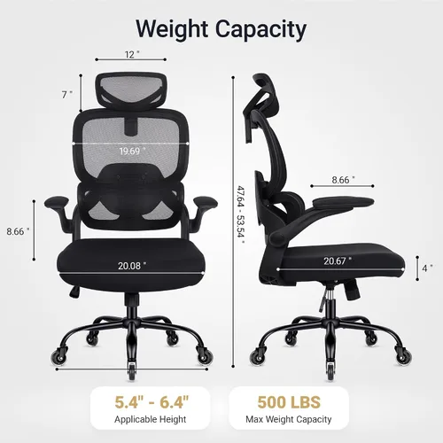 Vista 10 de Silla de oficina ergonómica con reposabrazos abatibles, soporte lumbar ajustable, silla de computadora con respaldo de malla transpirable, sillas