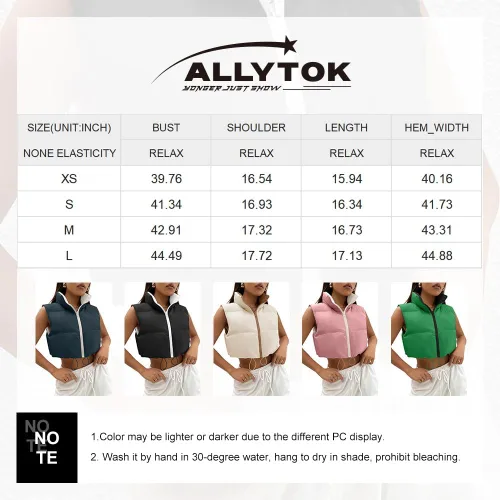 Vista 6 de Allytok Chaleco acolchado corto para mujer, ligero, sin mangas, con cremallera, Y2K
