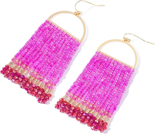 Vista 8 de Aretes colgantes bohemios con cuentas, hechos a mano, aretes de borla con cuentas para mujer