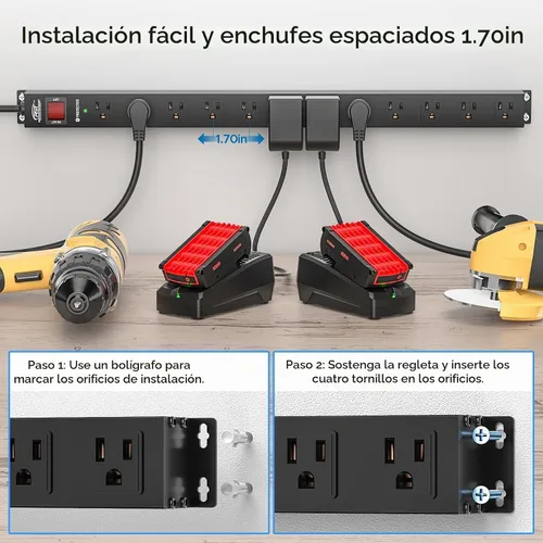 Vista 3 de CRST Regleta de alimentación larga de metal de 12 salidas, Protector contra sobretensiones resistente montable, 2100J, espaciado amplio, cable de 6