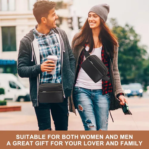 Vista 5 de Cangurera para hombres y mujeres, cangurera de cuero con estilo cruzado, bolsa pequeña de diseñador, Negro2, Riñonera de cuero para hombre y mujer