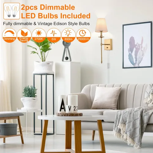 Vista 4 de Juego de dos apliques de pared regulables, apliques de pared enchufables con pantalla de tela blanca, lámpara de pared para dormitorio, sala