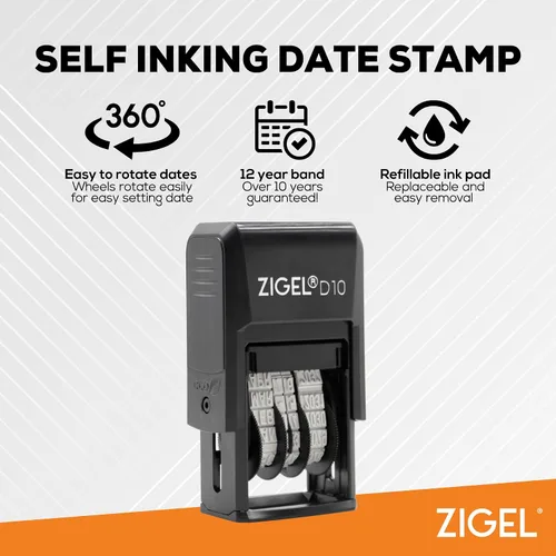 Vista 2 de ZIGEL D10 Office Date Stamp - Sello de fecha autoentintado - Negro