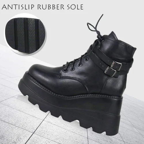 Vista 4 de CELNEPHO Botas de plataforma gruesa para mujer, puntera cuadrada, con cordones, tacón alto, tacón alto, botas de tobillo de cuña