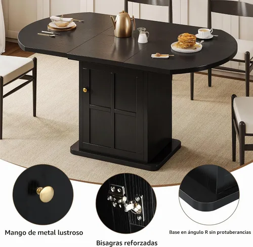 Vista 4 de iPormis Mesa de Comedor Redonda Extensible para 4-6, Mesa de Cocina Moderna de 59'', con Estante de Almacenamiento de 2 Niveles, Puerta de Madera