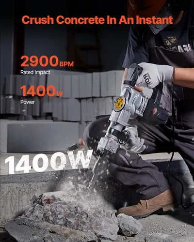 Vista 2 de VEVOR Martillo eléctrico de demolición, martillo neumático resistente de 1400 W con 2 puntas de cincel y estuche de transporte, 2900 BPM para romper
