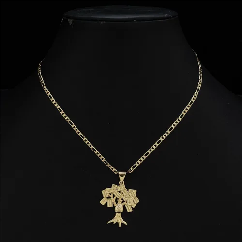 Vista 4 de Collar con colgante de árbol de billetes de 18 quilates chapado en oro de 100 dólares para mujeres y hombres, colgante de árbol de dinero, 0.118 in