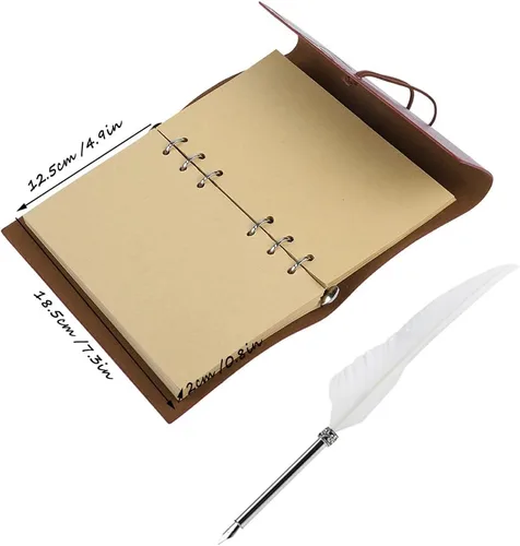 Vista 6 de Zopsc Cuaderno de cuero retro con pluma estilográfica con tinta de bolígrafo, juego de bolígrafo de caligrafía, cuaderno de cuero para regalo (rojo)