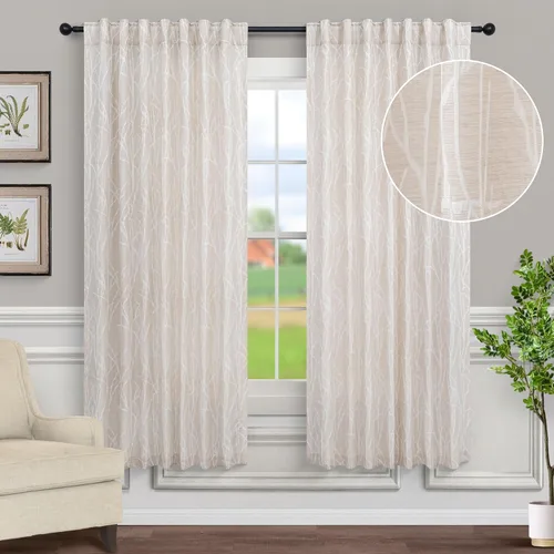 Vista 2 de Pitalk - Cortinas con patrón beige de 63 pulgadas de largo para dormitorio, 2 paneles con pestaña trasera y bolsillo, diseño de ramas de árbol